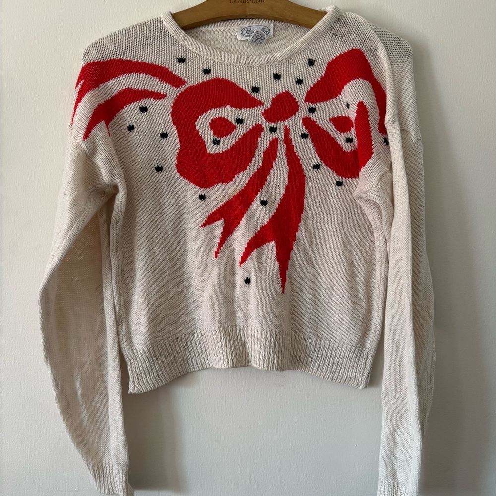 Vintage 80s crop sweater parinello brand silk blend cream with  red bow size s